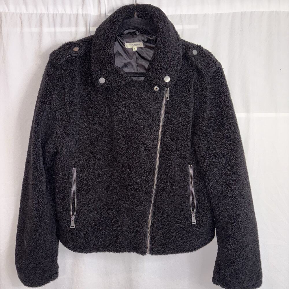 Max Studio Moto Jacket Black Sherpa Cozy Cropped Ladies Size X-Large EUC